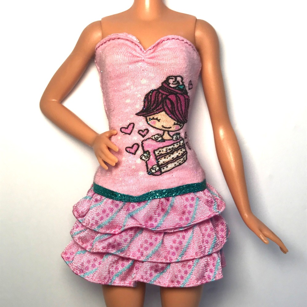Barbie Doll Clothing Fashionistas Cutie Pink Strapless Dress with Cake Graphic
